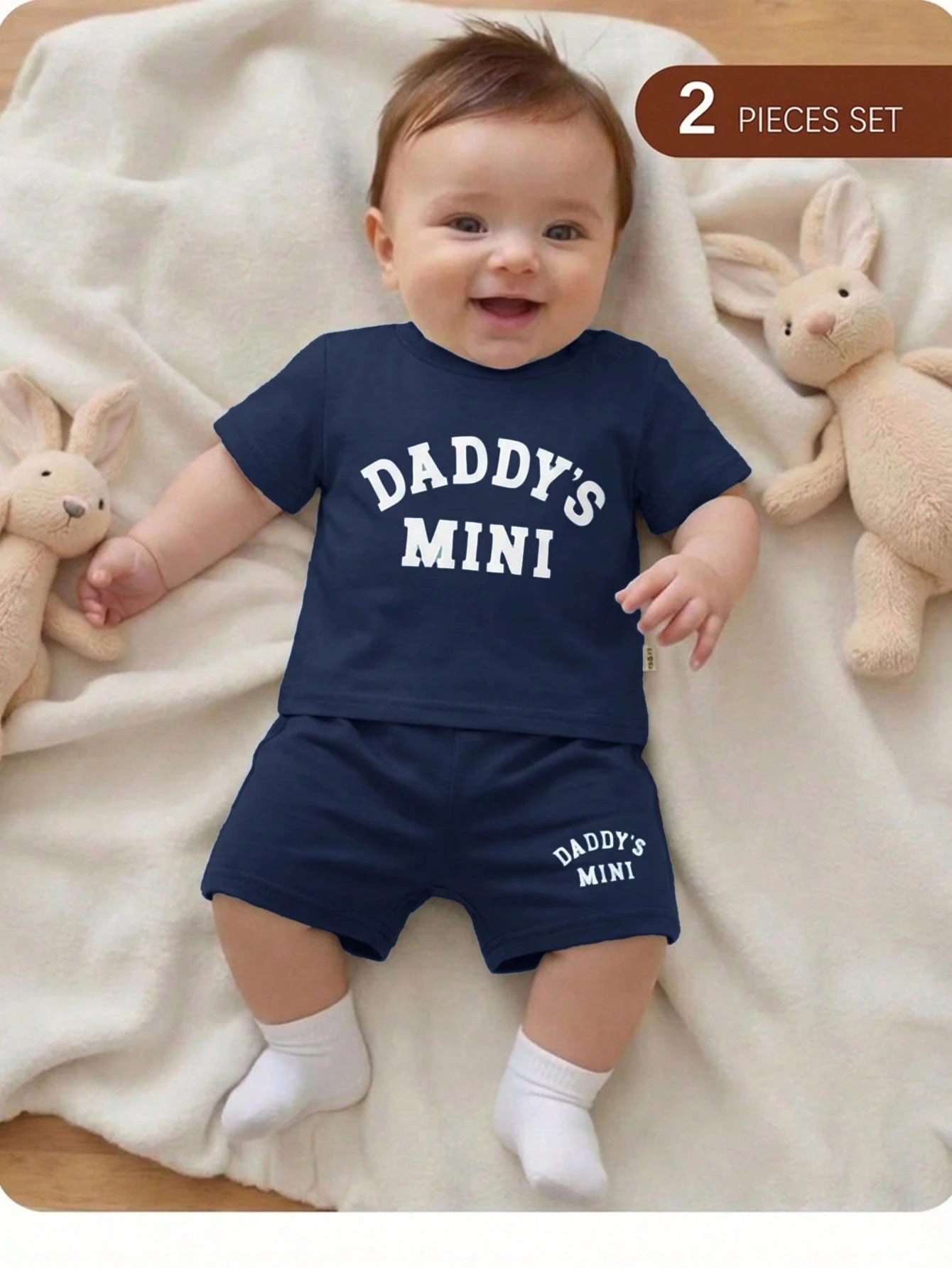 2pcs/Set Newborn Baby Comfortable, Casual, Minimalist, Preppy Letter Print Knit Top And Shorts Set. Suitable For Spring/Summer Wear, Indoor Activities, Outdoor Activities, Daily Wear, Photography, Vac