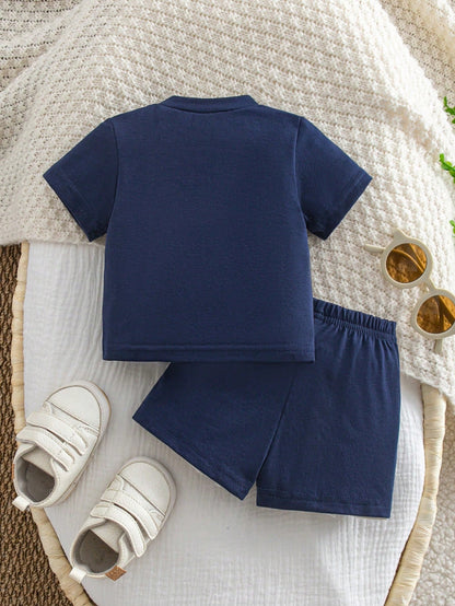 2pcs/Set Newborn Baby Comfortable, Casual, Minimalist, Preppy Letter Print Knit Top And Shorts Set. Suitable For Spring/Summer Wear, Indoor Activities, Outdoor Activities, Daily Wear, Photography, Vac