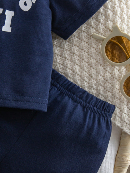 2pcs/Set Newborn Baby Comfortable, Casual, Minimalist, Preppy Letter Print Knit Top And Shorts Set. Suitable For Spring/Summer Wear, Indoor Activities, Outdoor Activities, Daily Wear, Photography, Vac