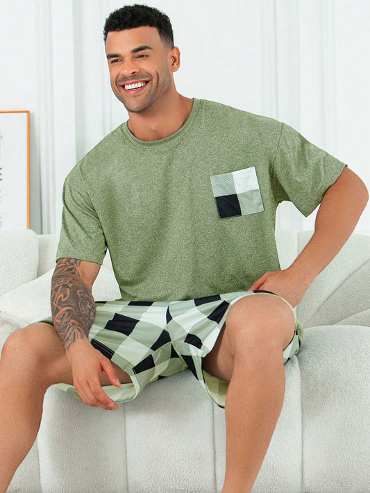 2pcs/Set Plus Size Men's Casual Loose Plaid Short Sleeve T-Shirt And Shorts Pajama Set, Suitable For Spring/Summer, Christmas
