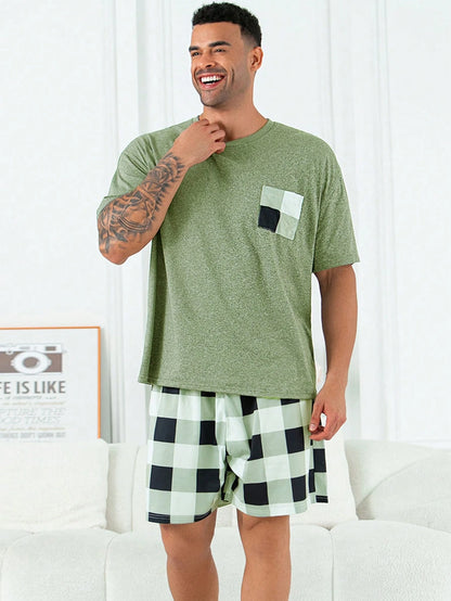 2pcs/Set Plus Size Men's Casual Loose Plaid Short Sleeve T-Shirt And Shorts Pajama Set, Suitable For Spring/Summer, Christmas