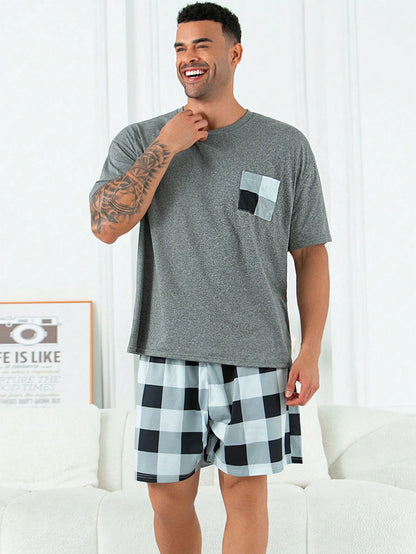 2pcs/Set Plus Size Men's Casual Loose Plaid Short Sleeve T-Shirt And Shorts Pajama Set, Suitable For Spring/Summer, Christmas