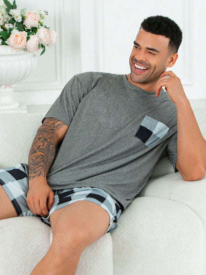 2pcs/Set Plus Size Men's Casual Loose Plaid Short Sleeve T-Shirt And Shorts Pajama Set, Suitable For Spring/Summer, Christmas