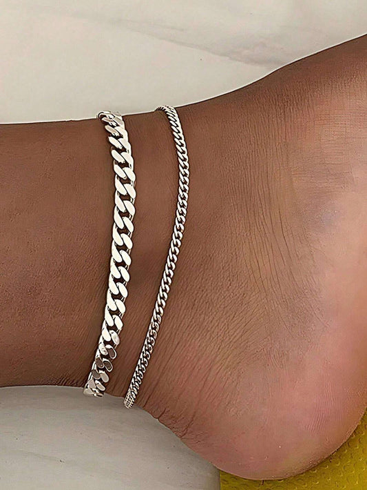 2pcs/Set Silver Multilayer Chain Unique Design Anklet, Beach & Street Style, Suitable For Women's Daily Wear, Great Gift For Female Friends