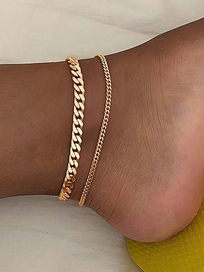 2pcs/Set Silver Multilayer Chain Unique Design Anklet, Beach & Street Style, Suitable For Women's Daily Wear, Great Gift For Female Friends