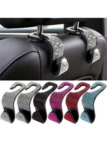 2pcs Shiny Rhinestone Car Rear Seat Headrest Hook, Car Purse Bag Holder