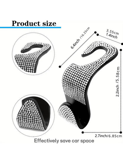2pcs Shiny Rhinestone Car Rear Seat Headrest Hook, Car Purse Bag Holder