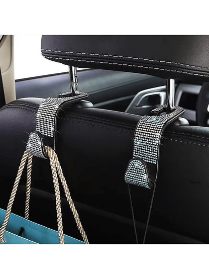 2pcs Shiny Rhinestone Car Rear Seat Headrest Hook, Car Purse Bag Holder