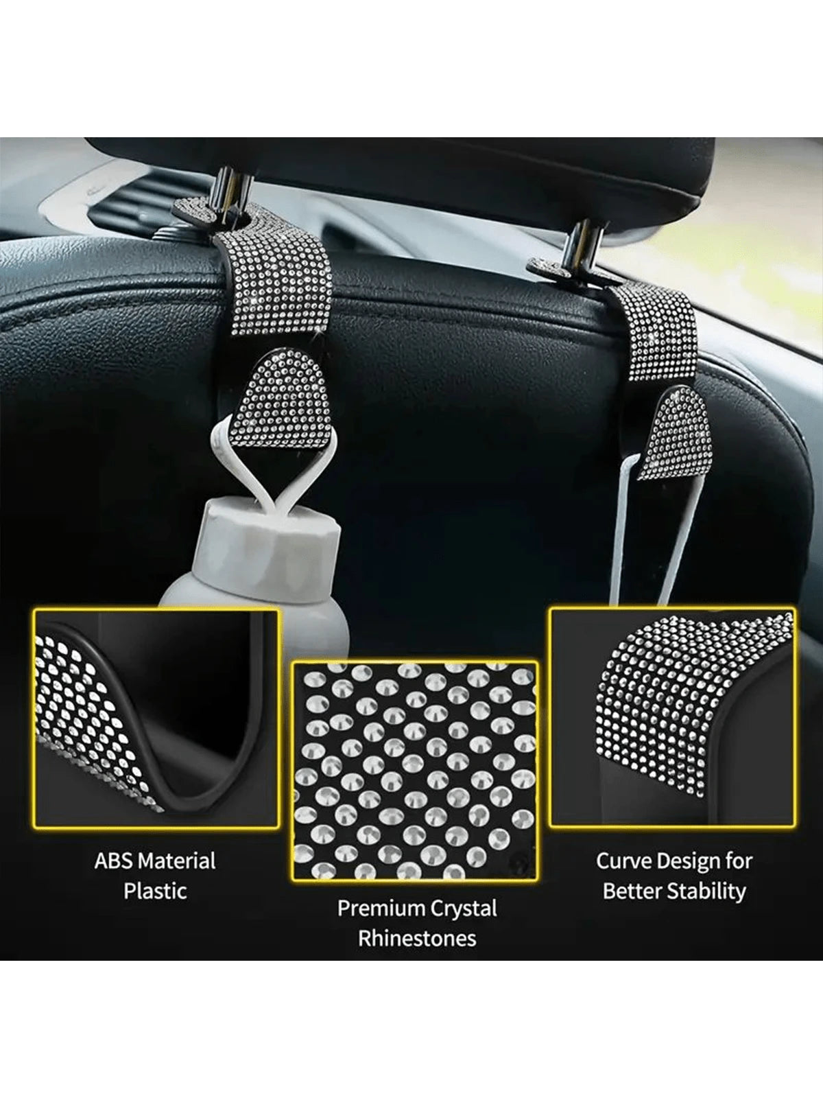 2pcs Shiny Rhinestone Car Rear Seat Headrest Hook, Car Purse Bag Holder