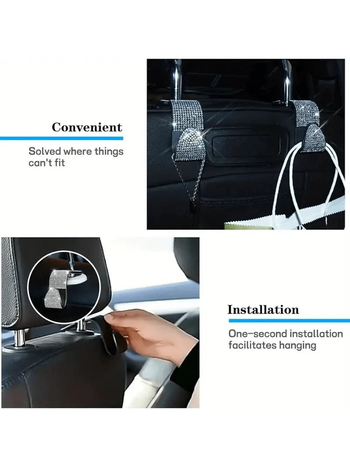 2pcs Shiny Rhinestone Car Rear Seat Headrest Hook, Car Purse Bag Holder