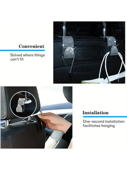 2pcs Shiny Rhinestone Car Rear Seat Headrest Hook, Car Purse Bag Holder