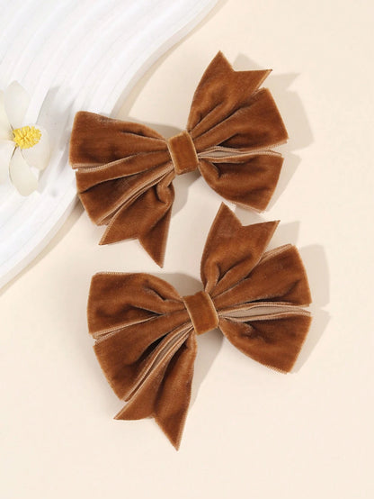 2pcs Velvet Hair Clips, Solid Color Bow, Alligator Clips, Brown Bow Hair Clips, Solid Color Autumn/Winter Hair Pins, New Year Gift, Elegant Children Hair Clips, Holiday Party Headwear, Kids Baby Hair