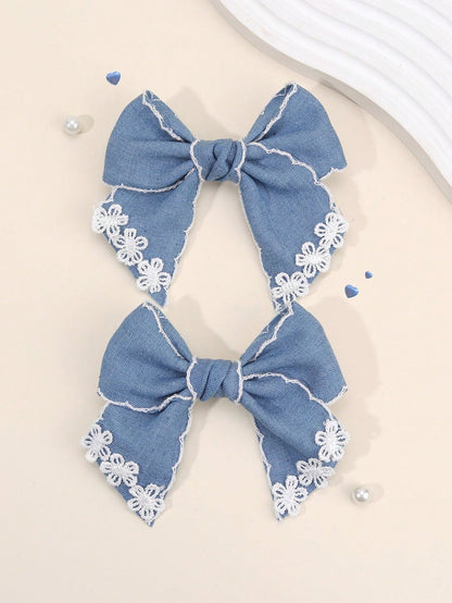 2pcs Vintage Blue Bow Hair Clips, Elegant French Ribbon Hair Accessories For Girls, Baby Hair Clips