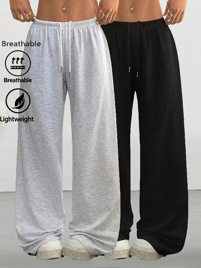 2pcs Women Casual Wide Leg Sweatpants, Suitable For Spring, Summer, Autumn & Winter; Solid Color Relaxed Fit Pants, Suitable For Casual & Daily Wear; Comfortable Smooth Fabric; Loose Fit Women's Style