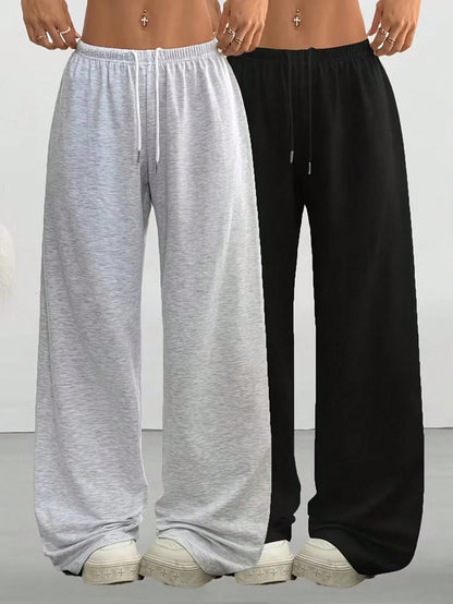 2pcs Women Casual Wide Leg Sweatpants, Suitable For Spring, Summer, Autumn & Winter; Solid Color Relaxed Fit Pants, Suitable For Casual & Daily Wear; Comfortable Smooth Fabric; Loose Fit Women's Style