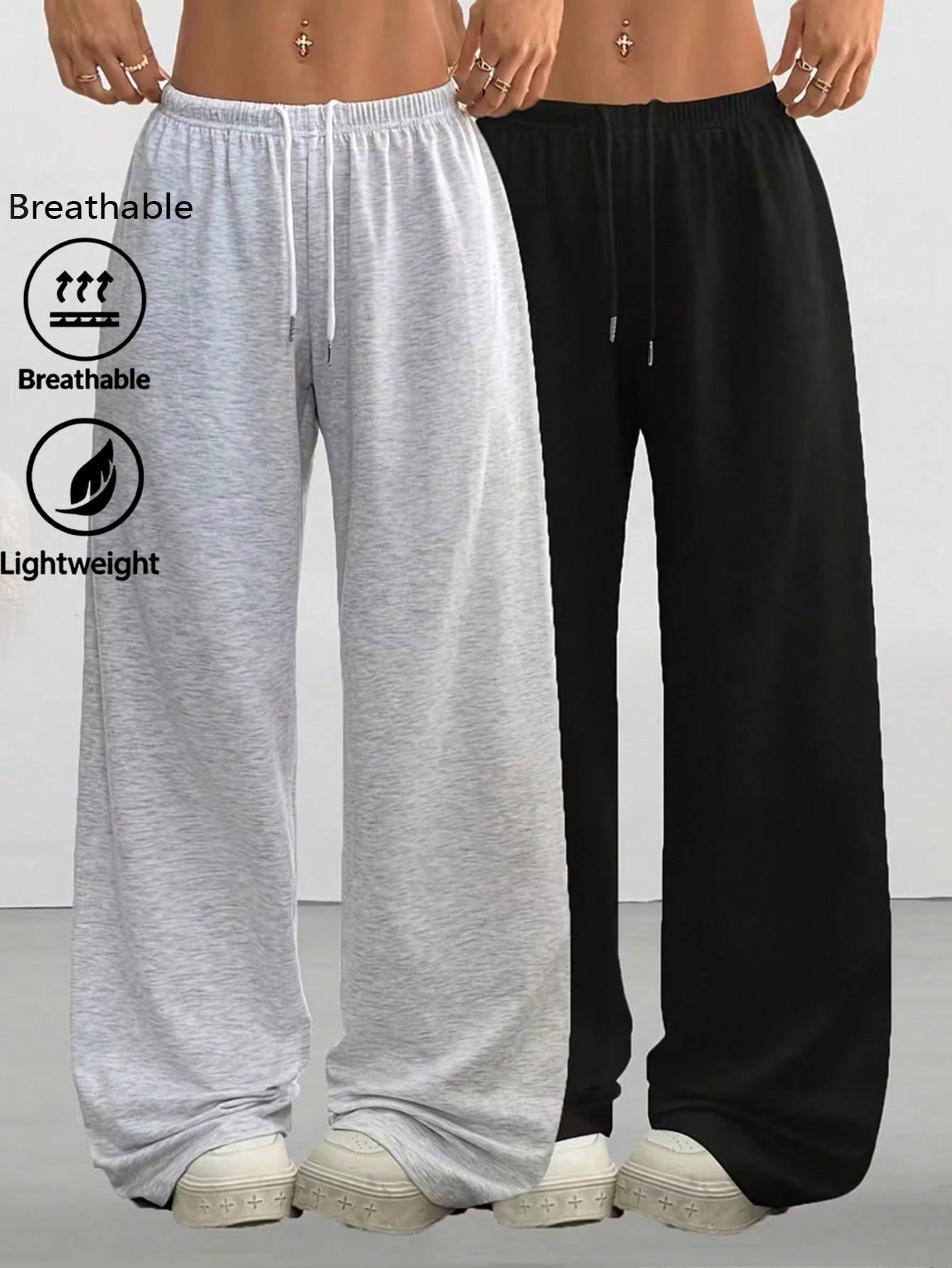2pcs Women Casual Wide Leg Sweatpants, Suitable For Spring, Summer, Autumn & Winter; Solid Color Relaxed Fit Pants, Suitable For Casual & Daily Wear; Comfortable Smooth Fabric; Loose Fit Women's Style