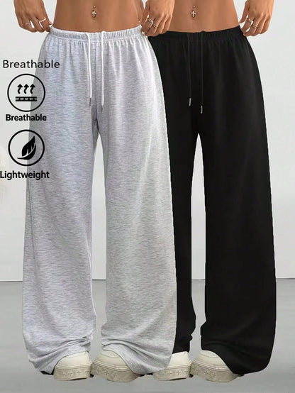 2pcs Women Casual Wide Leg Sweatpants, Suitable For Spring, Summer, Autumn & Winter; Solid Color Relaxed Fit Pants, Suitable For Casual & Daily Wear; Comfortable Smooth Fabric; Loose Fit Women's Style