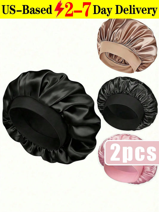 2pcs Women Solid Color Satin Sleep Cap, Silk Bonnet For Men Women Hair Bonnet For Sleeping Double Layer Satin Bonnet For Natural Curly Hair Unisex Sleep Cap, Casual & Comfortable Sleeping Hat, Lightwe