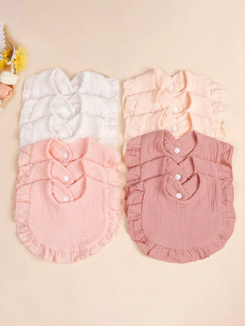 3/4pcs Baby Solid Color Bibs With Ruffle Trim, Soft Drool Cloths