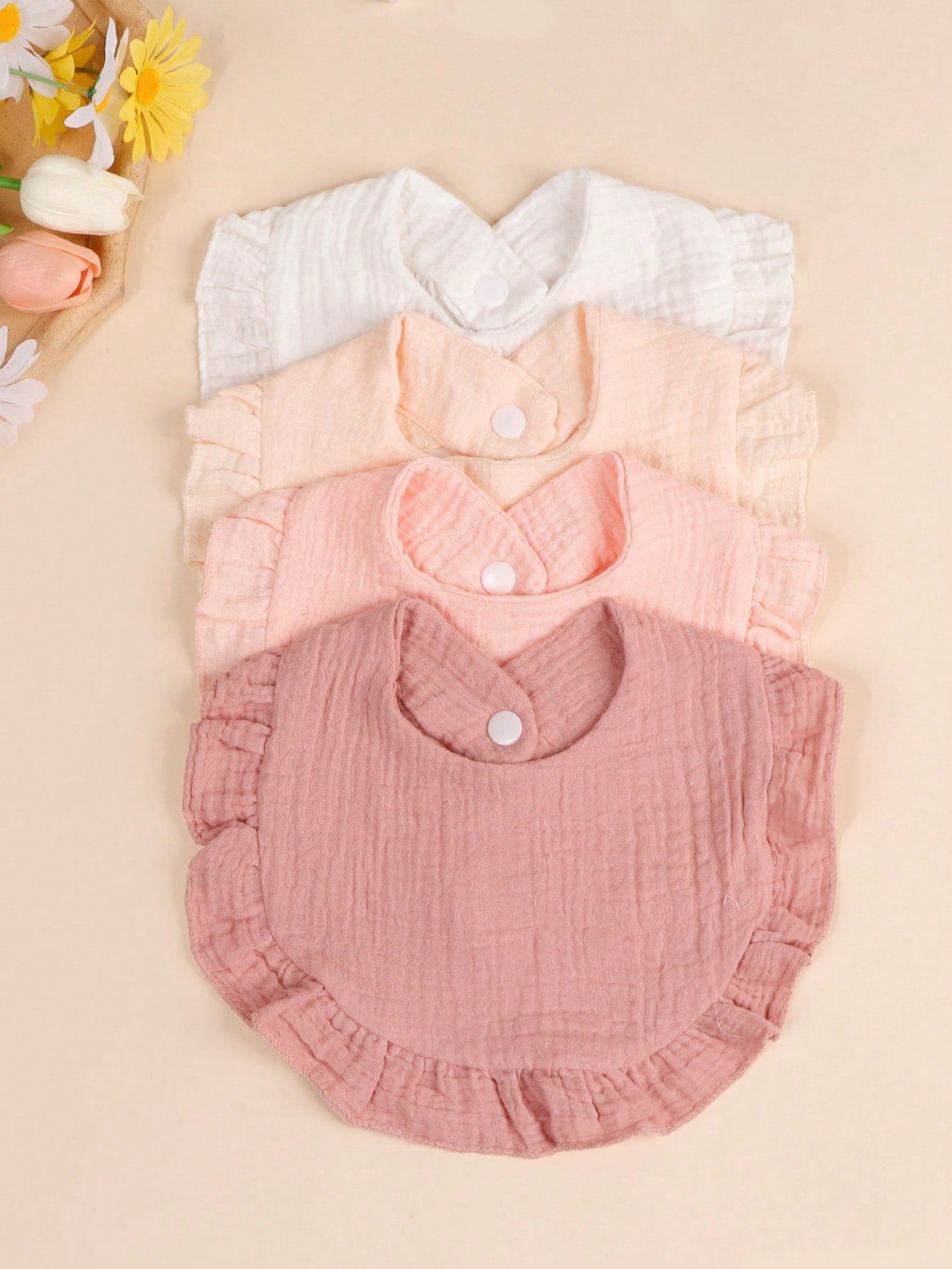 3/4pcs Baby Solid Color Bibs With Ruffle Trim, Soft Drool Cloths