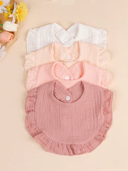 3/4pcs Baby Solid Color Bibs With Ruffle Trim, Soft Drool Cloths