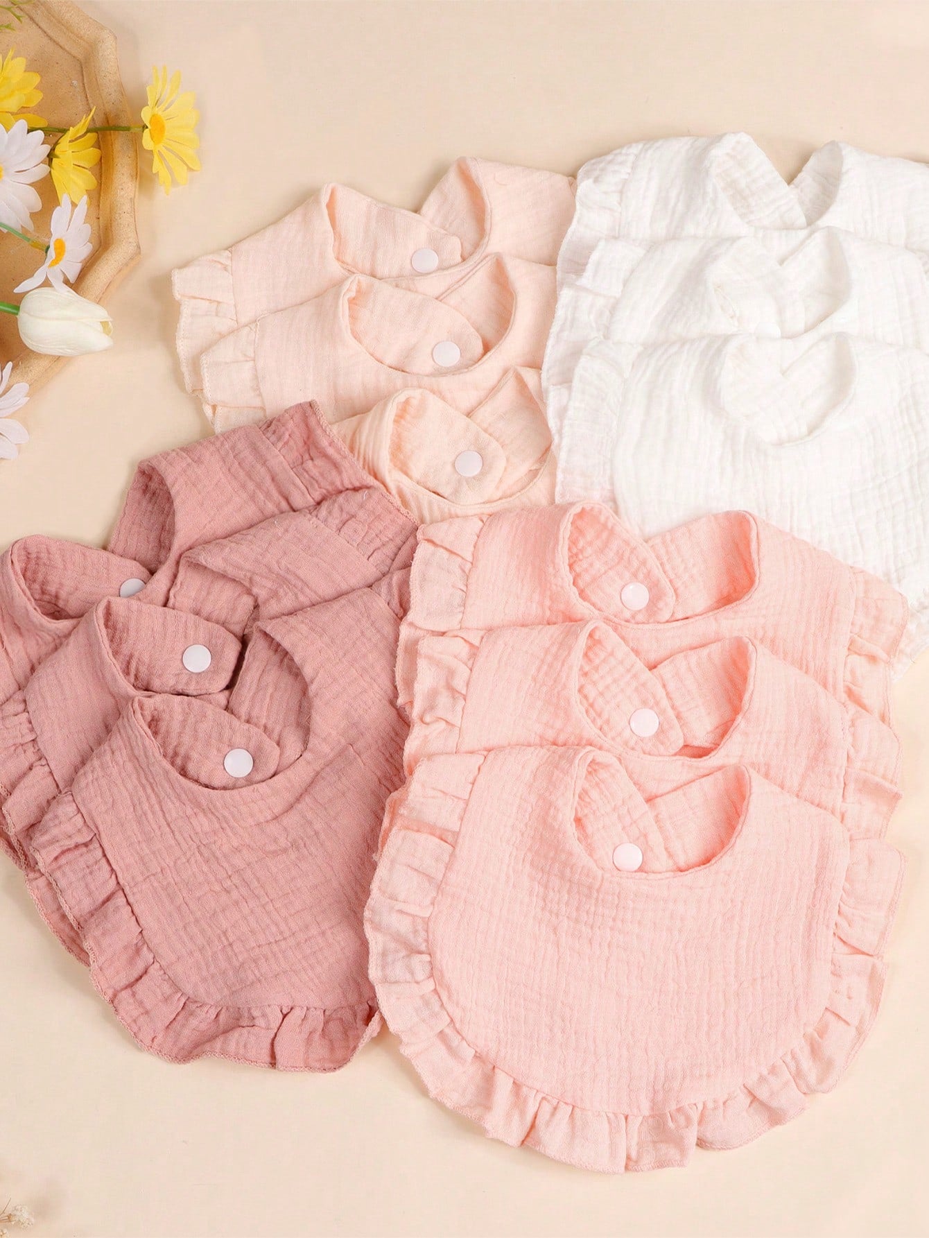 3/4pcs Baby Solid Color Bibs With Ruffle Trim, Soft Drool Cloths