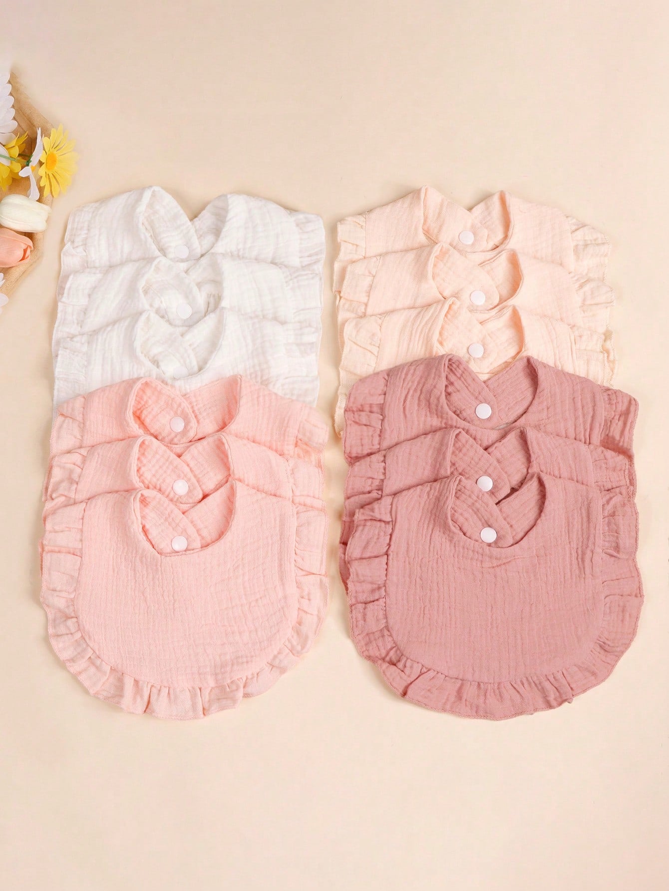 3/4pcs Baby Solid Color Bibs With Ruffle Trim, Soft Drool Cloths