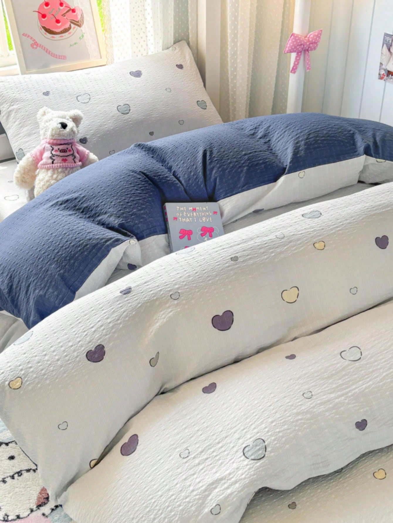 3/4pcs Soft Colorful Heart Duvet Cover Set (1 Duvet Cover + 1*Bed Sheet + 1/2*Pillowcase, No Filling) Neutral Minimalist Home Bedroom Dorm Decor, 100% Polyester, High GSM Fabric, Machine Washable