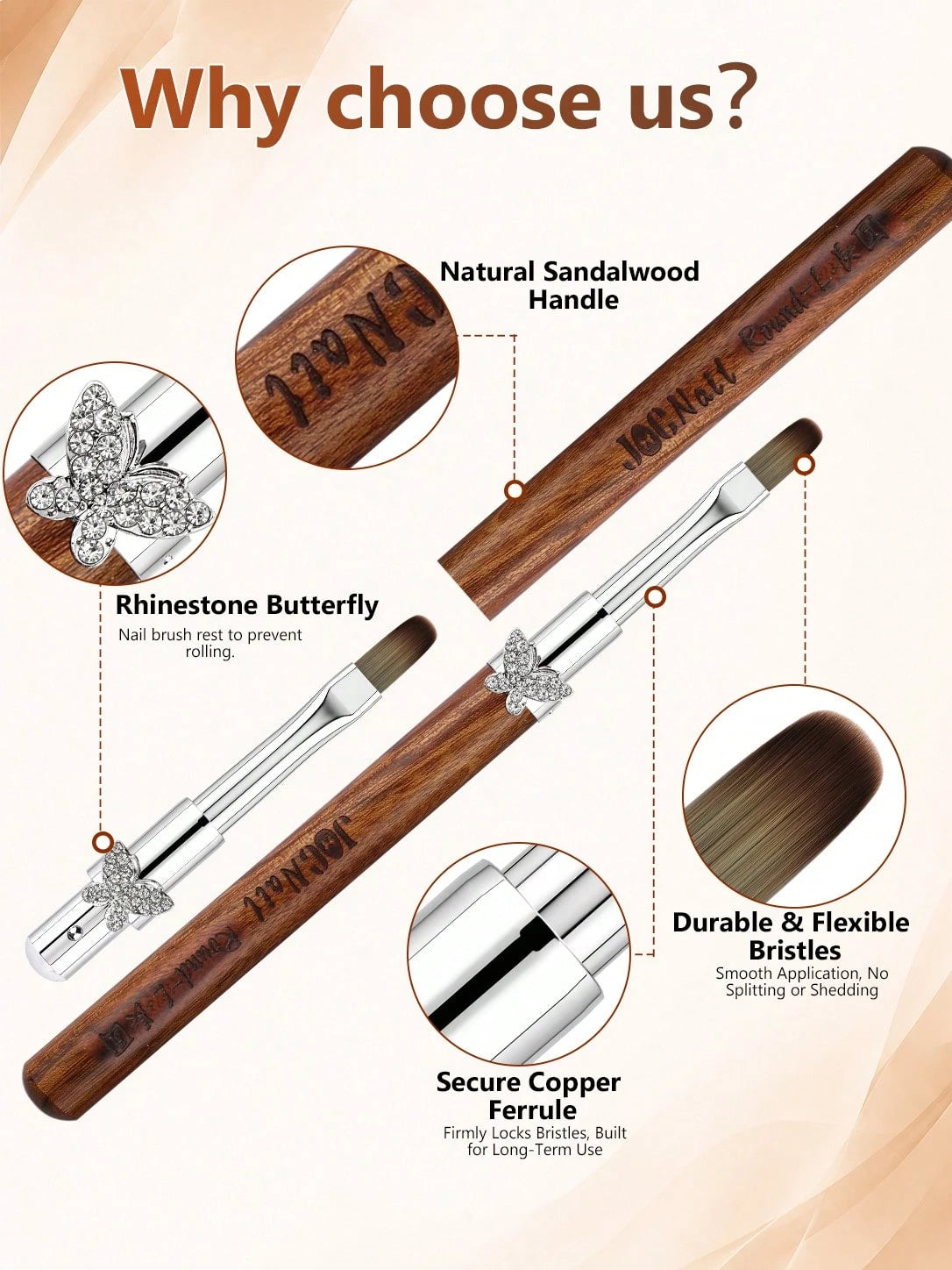 3/6pcs Butterfly Rhinestone Sandalwood Nail Art Brush Set, Professional Detachable French Liner Ombre Gel Polish Plaid Painting Brushes Kit