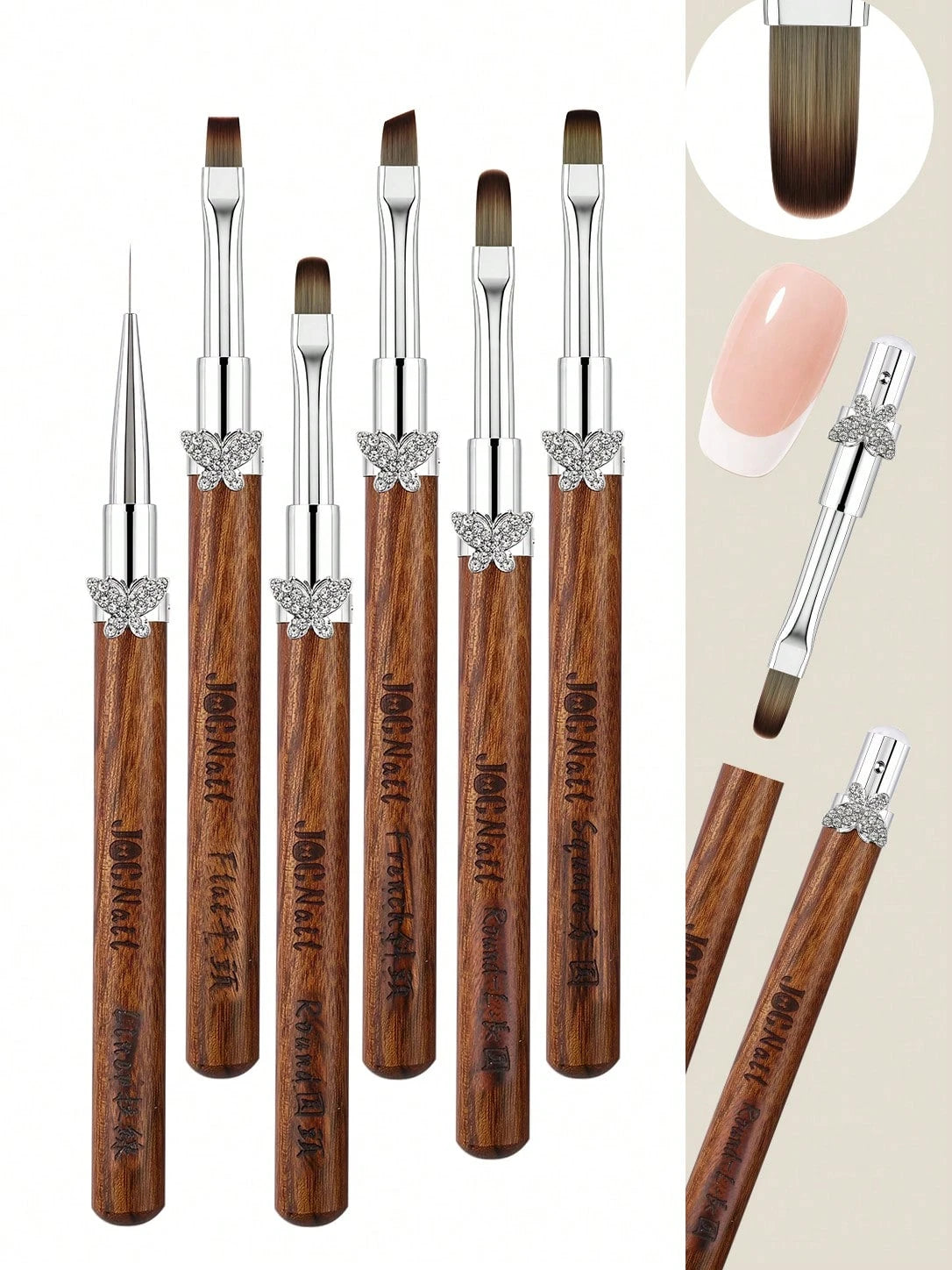 3/6pcs Butterfly Rhinestone Sandalwood Nail Art Brush Set, Professional Detachable French Liner Ombre Gel Polish Plaid Painting Brushes Kit