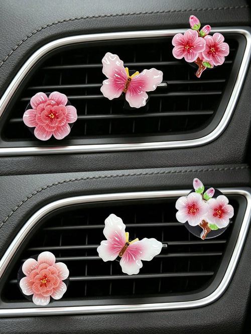 3/6pcs Gradient Peach Blossom Butterfly Car Air Vent Aromatherapy Diffuser Car Air Conditioner Decor Ornament Car Interior Fragrance Decoration