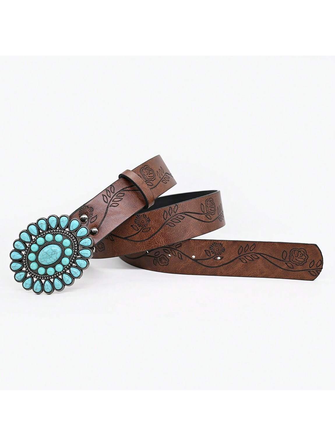 3.8cm Wide Bohemian Oval Turquoise Buckle Belt, Vintage Embossed Brown PU Leather Belt, Classic Western Style Belt For Women & Girls, Carved Sapphire Belt, Dress, Jeans, Shirt Accessory, Holiday Gift