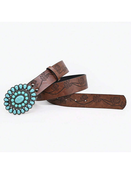3.8cm Wide Bohemian Oval Turquoise Buckle Belt, Vintage Embossed Brown PU Leather Belt, Classic Western Style Belt For Women & Girls, Carved Sapphire Belt, Dress, Jeans, Shirt Accessory, Holiday Gift