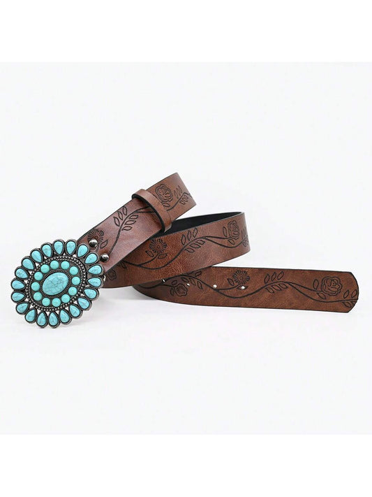 3.8cm Wide Bohemian Oval Turquoise Buckle Belt, Vintage Embossed Brown PU Leather Belt, Classic Western Style Belt For Women & Girls, Carved Sapphire Belt, Dress, Jeans, Shirt Accessory, Holiday Gift