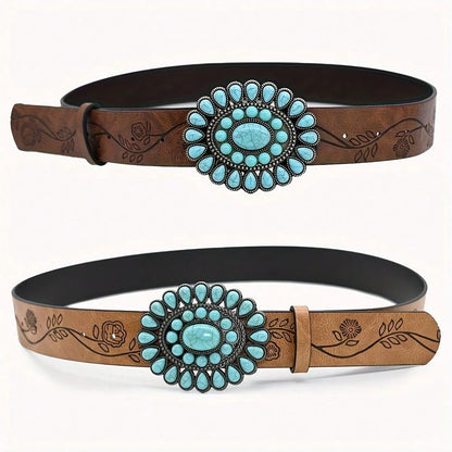 3.8cm Wide Bohemian Oval Turquoise Buckle Belt, Vintage Embossed Brown PU Leather Belt, Classic Western Style Belt For Women & Girls, Carved Sapphire Belt, Dress, Jeans, Shirt Accessory, Holiday Gift
