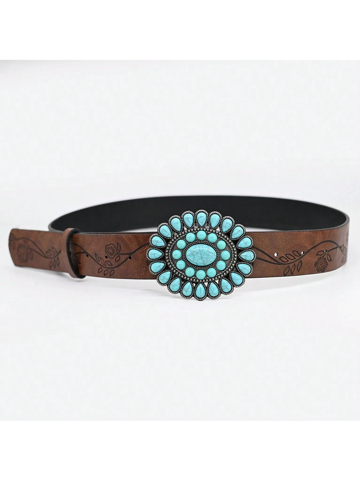 3.8cm Wide Bohemian Oval Turquoise Buckle Belt, Vintage Embossed Brown PU Leather Belt, Classic Western Style Belt For Women & Girls, Carved Sapphire Belt, Dress, Jeans, Shirt Accessory, Holiday Gift