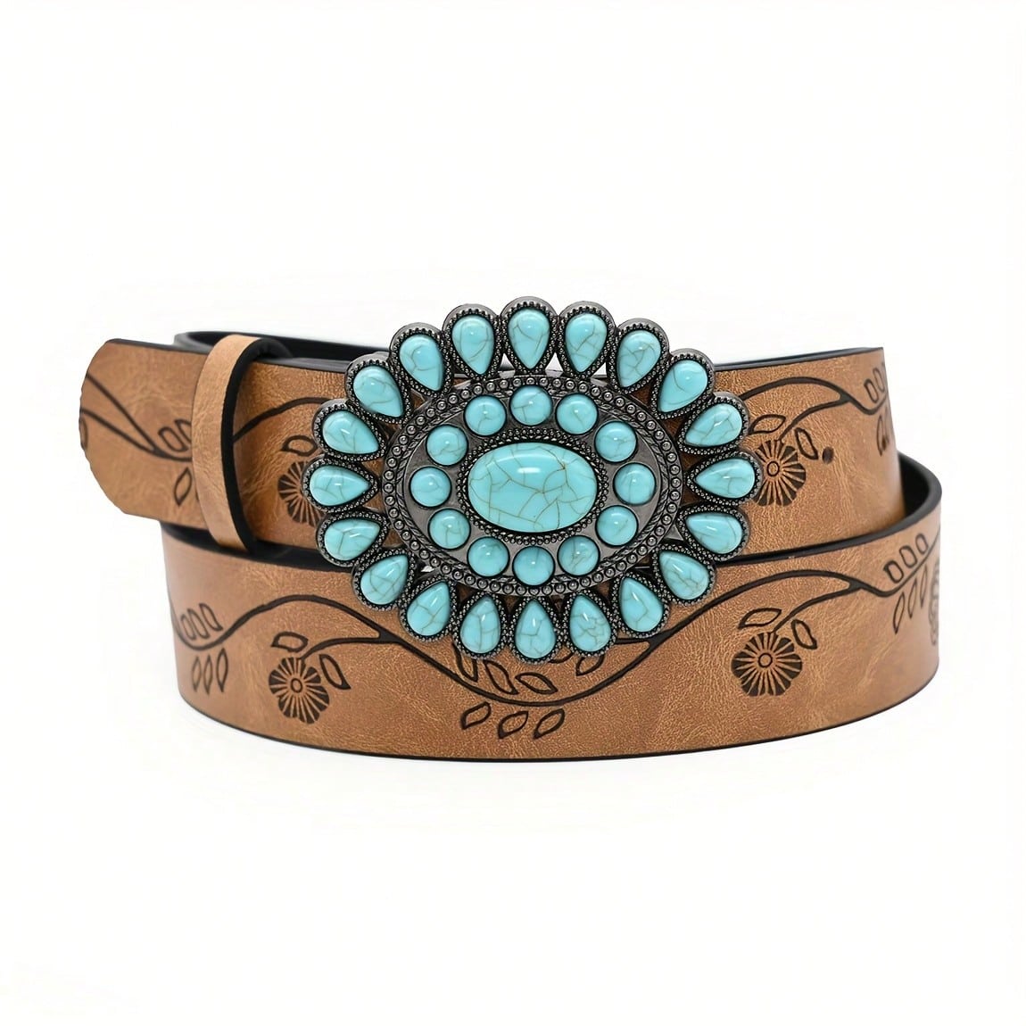3.8cm Wide Bohemian Oval Turquoise Buckle Belt, Vintage Embossed Brown PU Leather Belt, Classic Western Style Belt For Women & Girls, Carved Sapphire Belt, Dress, Jeans, Shirt Accessory, Holiday Gift