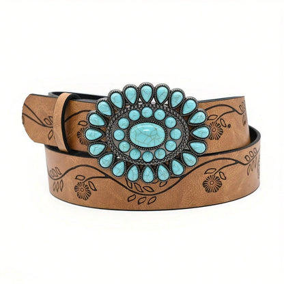 3.8cm Wide Bohemian Oval Turquoise Buckle Belt, Vintage Embossed Brown PU Leather Belt, Classic Western Style Belt For Women & Girls, Carved Sapphire Belt, Dress, Jeans, Shirt Accessory, Holiday Gift