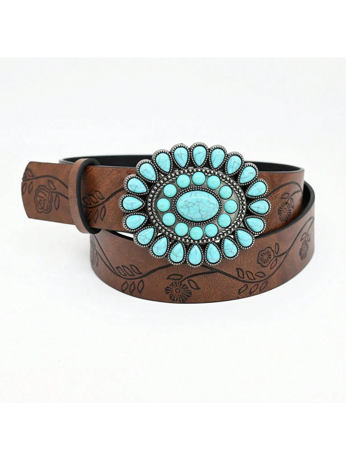 3.8cm Wide Bohemian Oval Turquoise Buckle Belt, Vintage Embossed Brown PU Leather Belt, Classic Western Style Belt For Women & Girls, Carved Sapphire Belt, Dress, Jeans, Shirt Accessory, Holiday Gift
