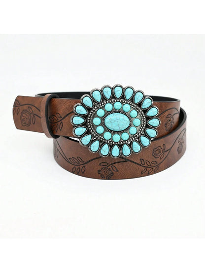 3.8cm Wide Bohemian Oval Turquoise Buckle Belt, Vintage Embossed Brown PU Leather Belt, Classic Western Style Belt For Women & Girls, Carved Sapphire Belt, Dress, Jeans, Shirt Accessory, Holiday Gift