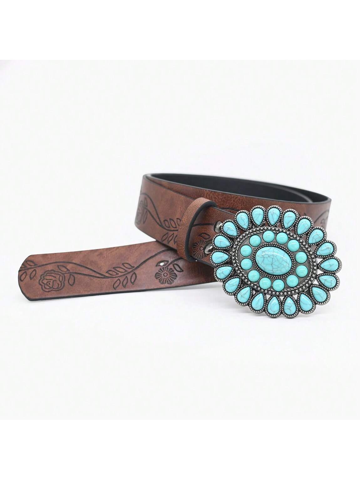 3.8cm Wide Bohemian Oval Turquoise Buckle Belt, Vintage Embossed Brown PU Leather Belt, Classic Western Style Belt For Women & Girls, Carved Sapphire Belt, Dress, Jeans, Shirt Accessory, Holiday Gift