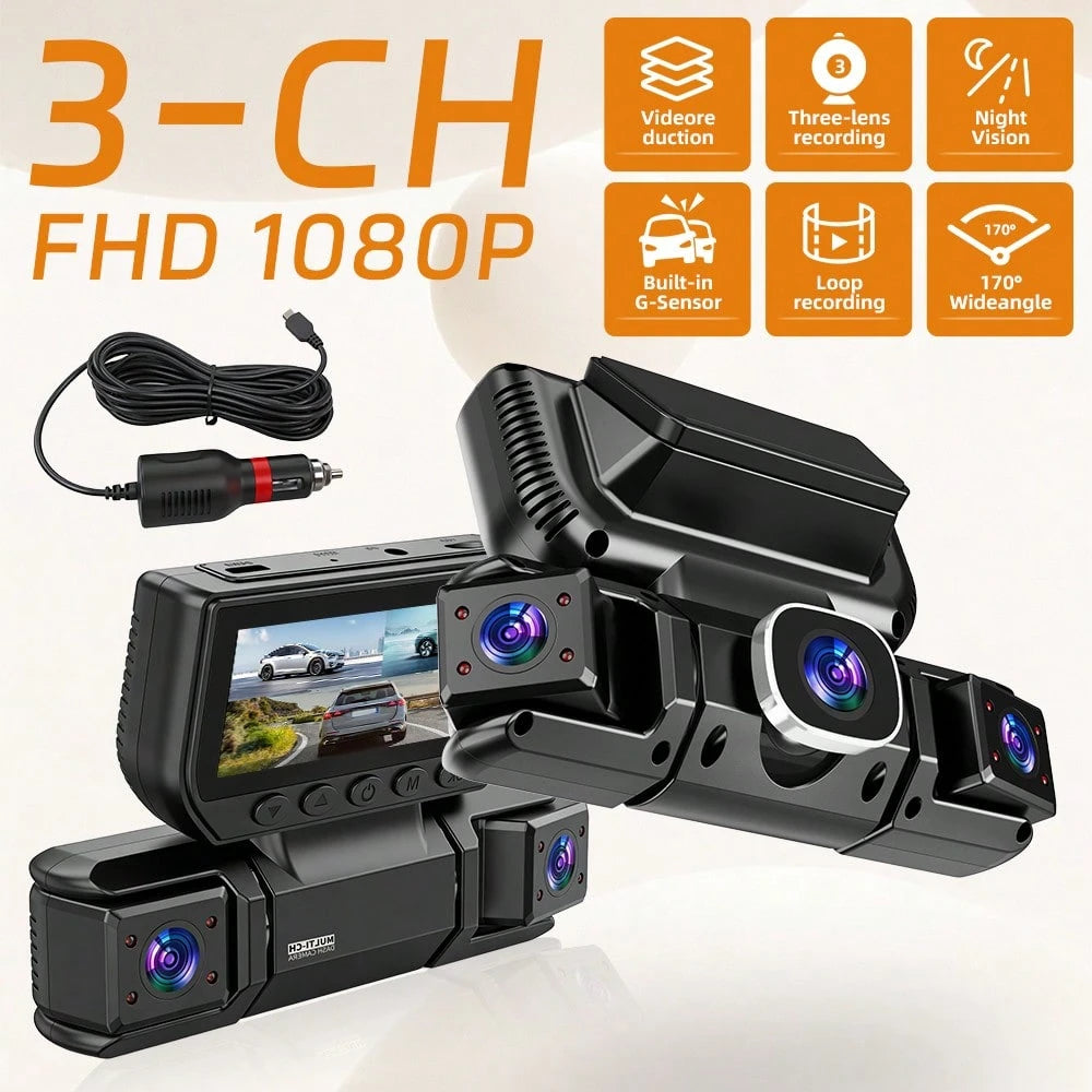 3 Channel 1080P WIFI Dashcam, 3.0" IPS Screen, IR Night Vision, 180mAh Battery, 12-24V Car Power Adapter, Loop Recording DVR