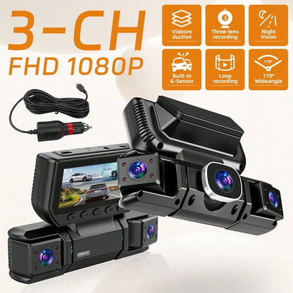 3 Channel 1080P WIFI Dashcam, 3.0" IPS Screen, IR Night Vision, 180mAh Battery, 12-24V Car Power Adapter, Loop Recording DVR