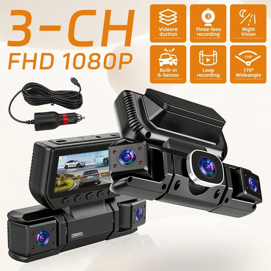 3 Channel 1080P WIFI Dashcam, 3.0" IPS Screen, IR Night Vision, 180mAh Battery, 12-24V Car Power Adapter, Loop Recording DVR