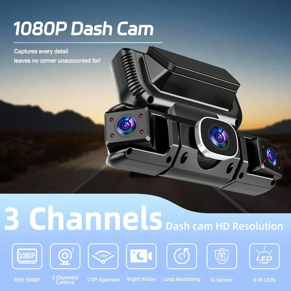 3 Channel 1080P WIFI Dashcam, 3.0" IPS Screen, IR Night Vision, 180mAh Battery, 12-24V Car Power Adapter, Loop Recording DVR