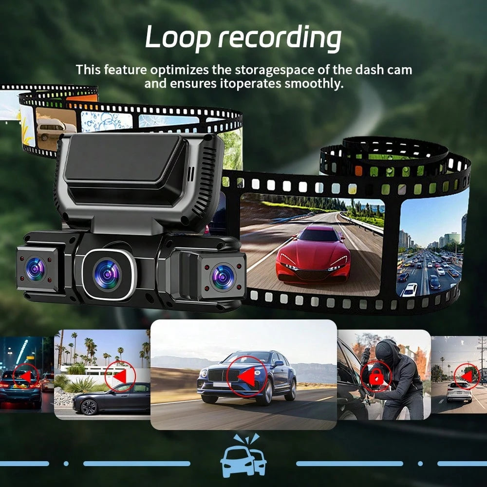 3 Channel 1080P WIFI Dashcam, 3.0" IPS Screen, IR Night Vision, 180mAh Battery, 12-24V Car Power Adapter, Loop Recording DVR