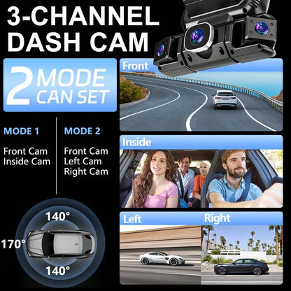 3 Channel 1080P WIFI Dashcam, 3.0" IPS Screen, IR Night Vision, 180mAh Battery, 12-24V Car Power Adapter, Loop Recording DVR