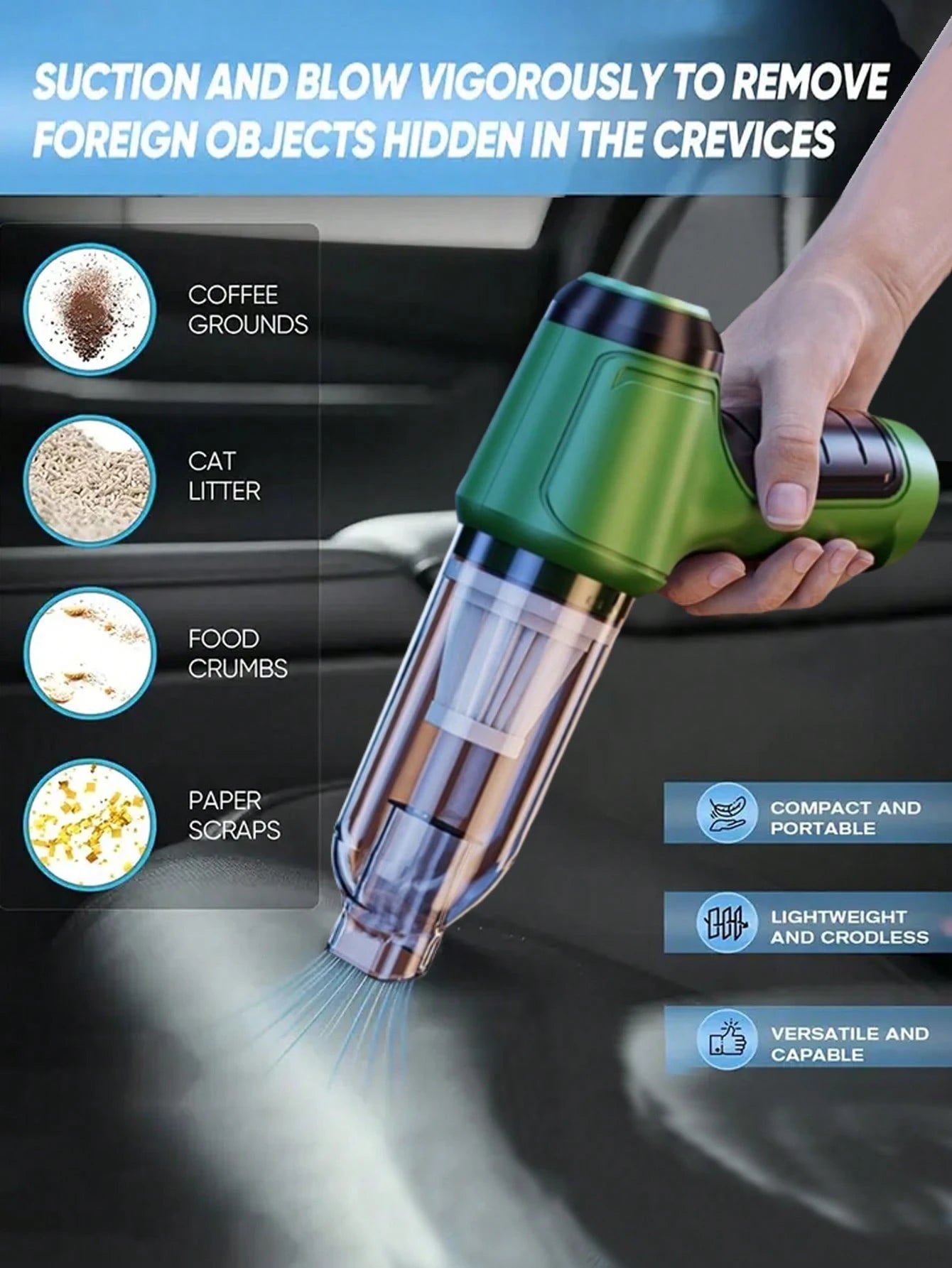 3-In-1 Car Vacuum Cleaner, Powerful Suction, Portable Compact Handheld Wireless Vacuum, Suitable For Wet And Dry Cleaning