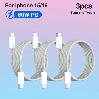 3-Pack 60W PD Nylon Braided Type-C To Type-C Charger Cable – Compatible With 15/16 (Pro/Max/Plus), Redmi & More Type-C Devices (Fast Charging Supported)
