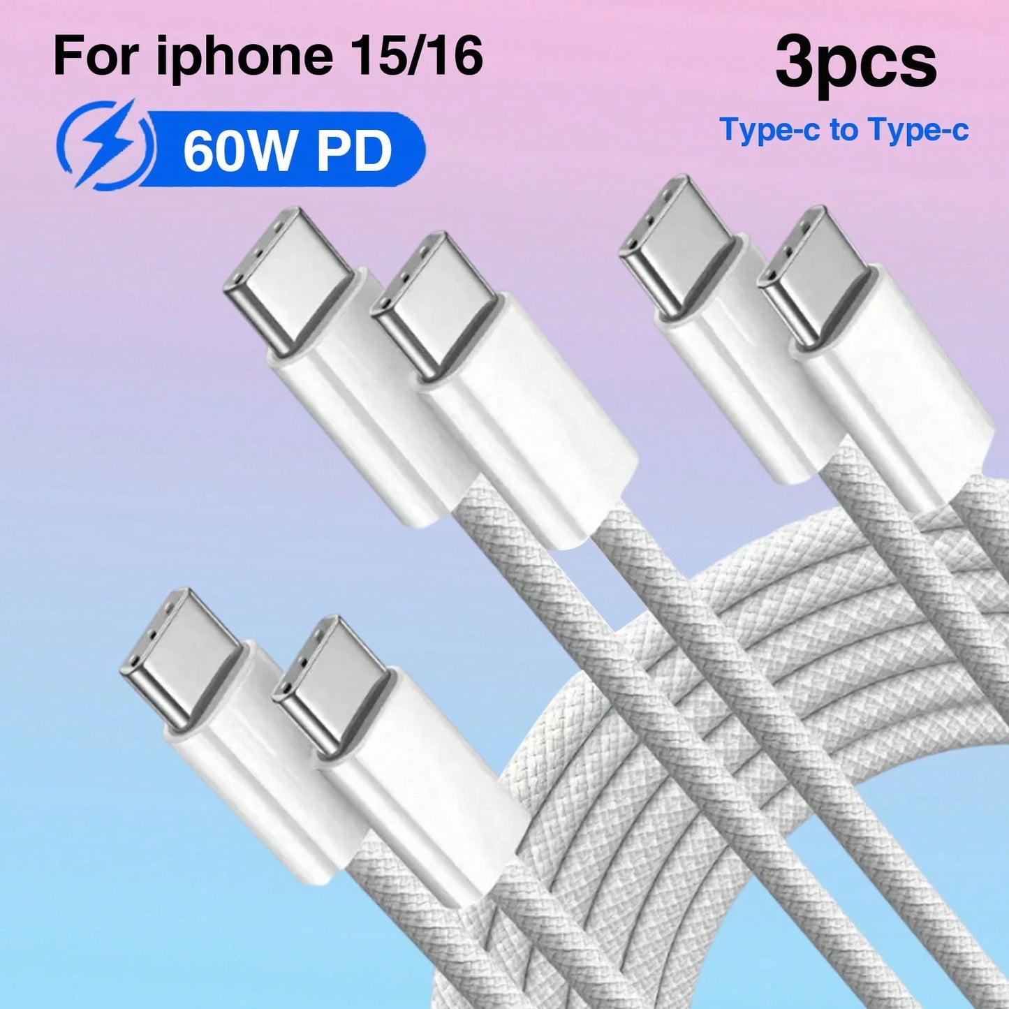 3-Pack 60W PD Nylon Braided Type-C To Type-C Charger Cable – Compatible With 15/16 (Pro/Max/Plus), Redmi & More Type-C Devices (Fast Charging Supported)